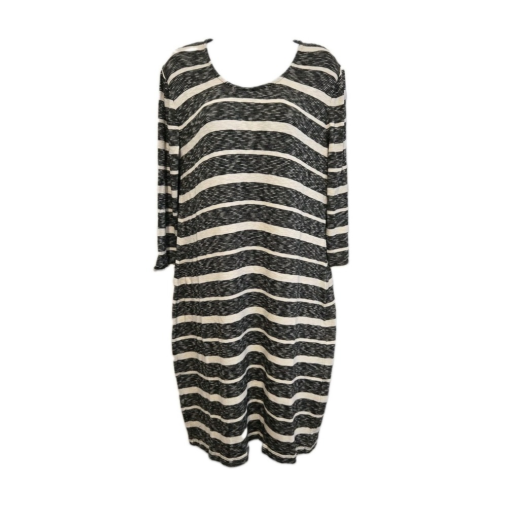 Chico's Stretch Knit Lightweight Sweater Dress Black Cream Striped Size 10